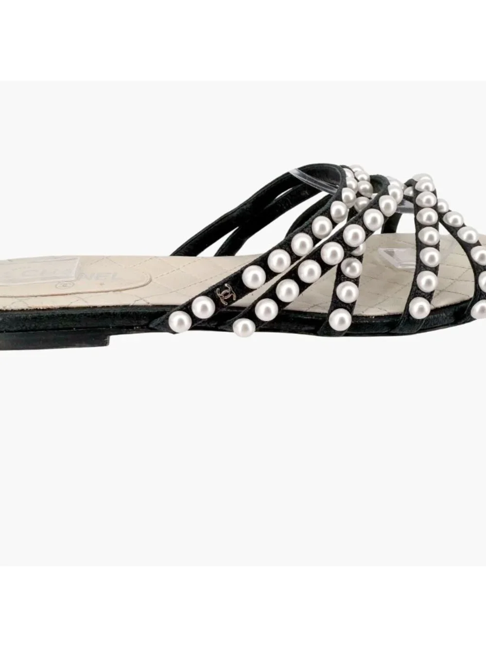 Chanel CC Pearl Strappy Slide Sandals Black White Flat Size 38.5 US 7.5-8 Women